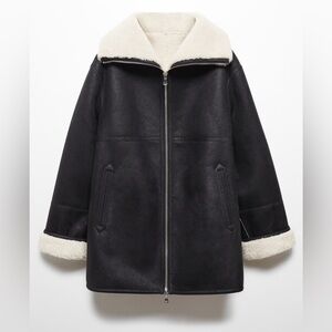 Black Shearling Coat with Cream Accents